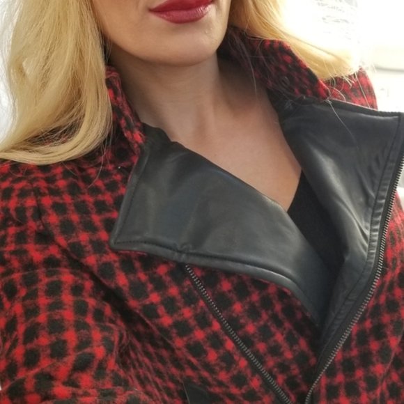 Checker Moto Jacket Red Black zipper pockets leath - Picture 5 of 6